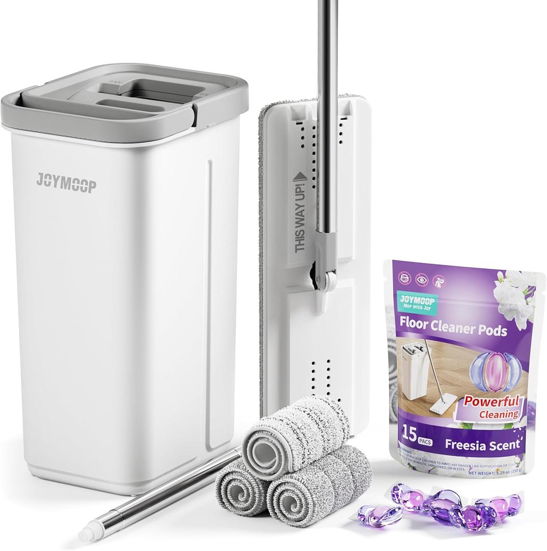 JOYMOOP Mop and Bucket Set with Freesia Scent Floor Cleaner Pods, Commercial and Household Flat Mop System with 3 Reusable Microfiber Pads and 15 Mop Soap Pods for Efficient Floor Cleaning