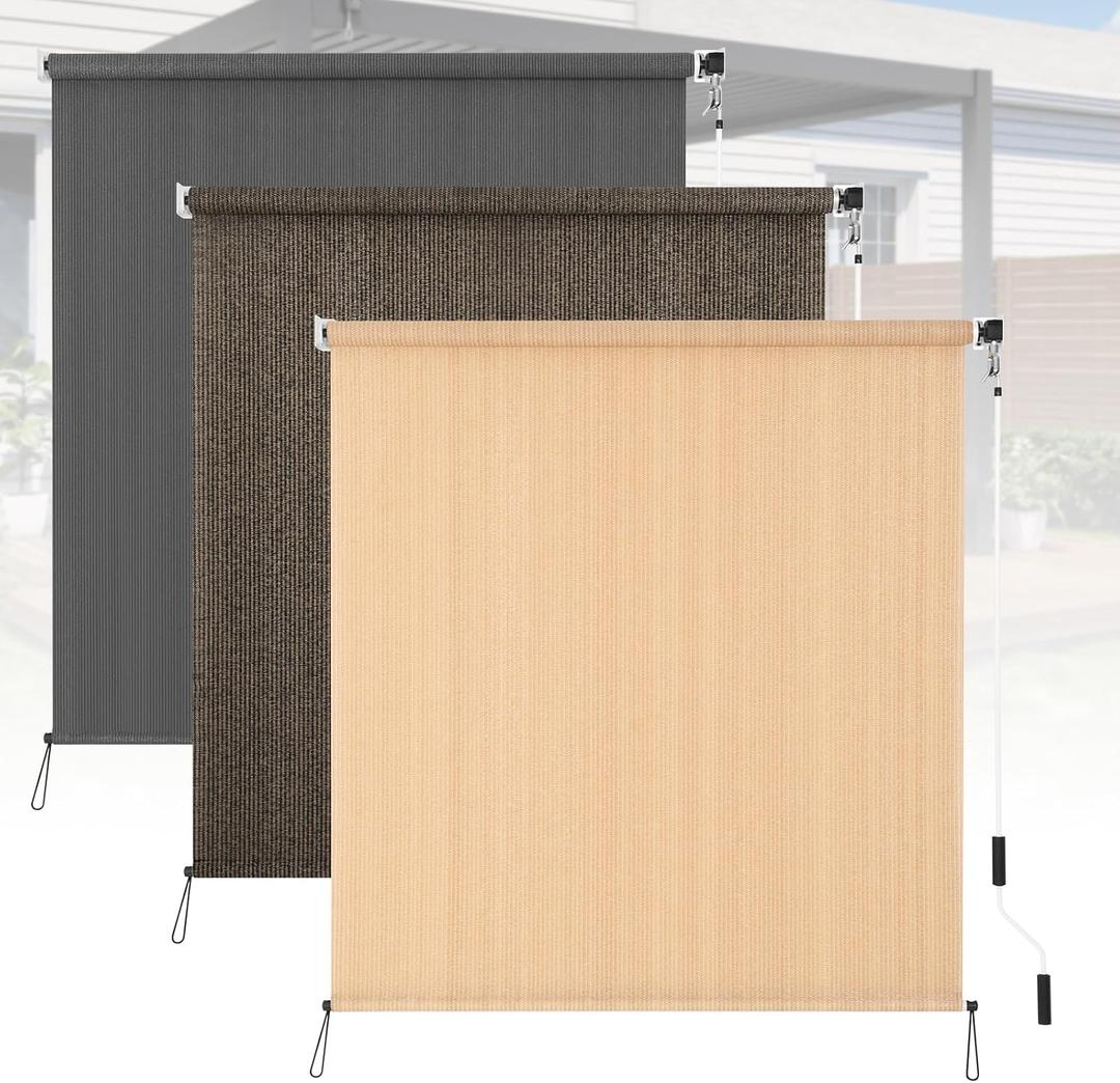 Kokorona Outdoor Roller Shades 4' W x 8' L (48" W x 96" H), Cordless Patio Shades Roll Up Outdoor, 90% UV Protection Outside Sun Shade Roller Blinds Cloth for Porch Pergola Balcony Windows, Walnut