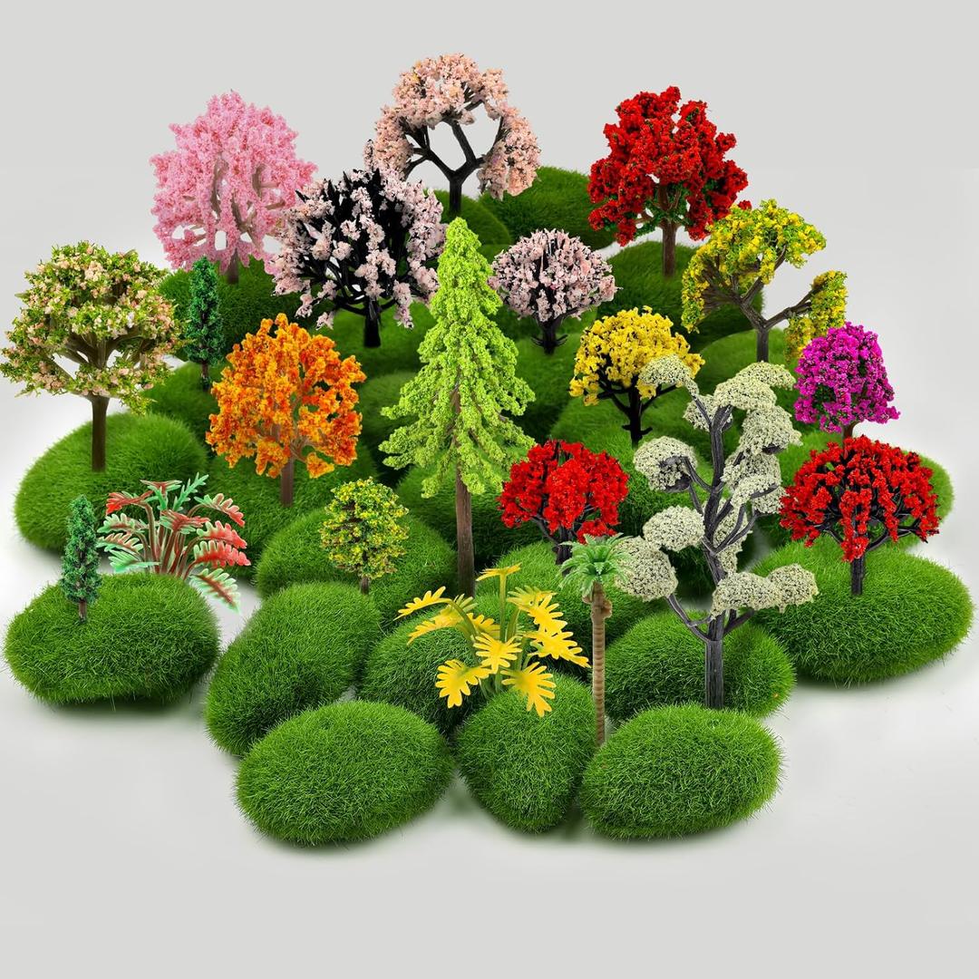 QUOZUO 42Pcs Model Miniature Trees with Moss Stones, Model Train Scenery, Mixed Model Colourful Trees for Building Model, Natural Green Landscape, Railroad Scenery