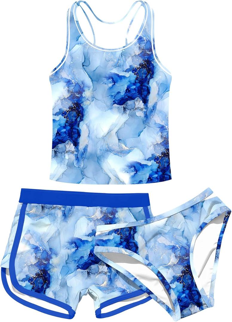 uideazone Girls 3 Piece Bathing Suit Summer UPF 50+ Racerback Swimsuit with Shorts Beach Tankini Sets 8-16 Years (14-15 Years, A1-marbling)