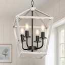 Farmhouse Lantern Chandelier 4-Light, Industrial Brushed White Oak Ceiling Light Fixture with Open Cage and Adjustable Hanging Height, E12 Base for Kitchen Island, Dining Room, Entryway, Foyer
