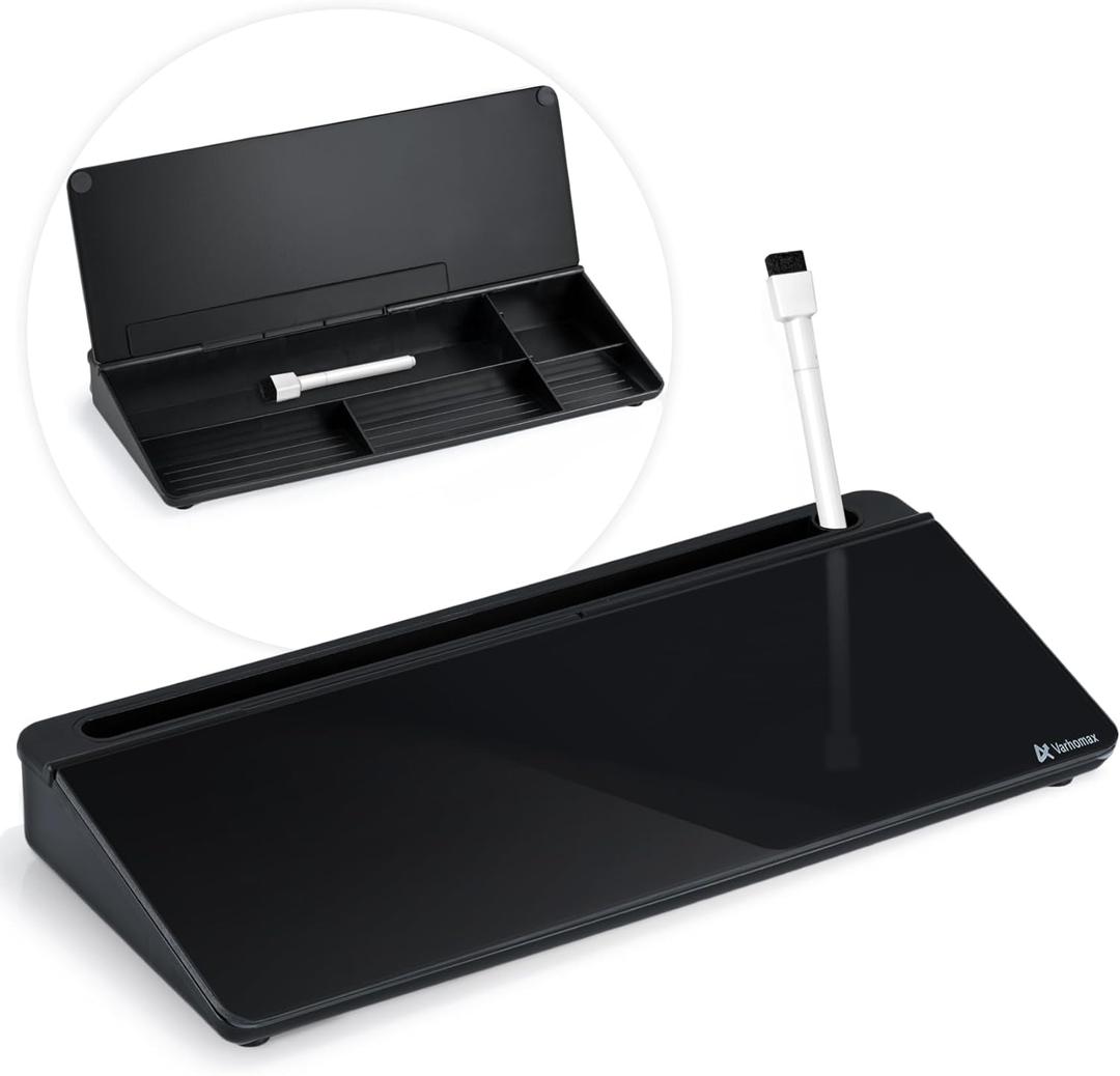 Varhomax Desktop Whiteboard with Storage, Desk Organizer Dry Erase Glass White Board to-do List Memo Notepad for Home Office and School Supplies (Black)