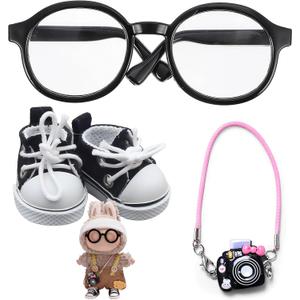 2 x Doll Accessories Set for Labubu Included Mini Glasses, Camera and Mini Shoes, Dress Up Accessories for 17cm, Mini Costume Supplies (Black)