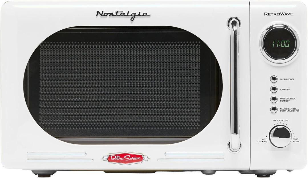 Nostalgia Retro Compact Countertop Microwave Oven - 0.7 Cu. Ft. - 700-Watts with LED Digital Display - Child Lock - Easy Clean Interior - White