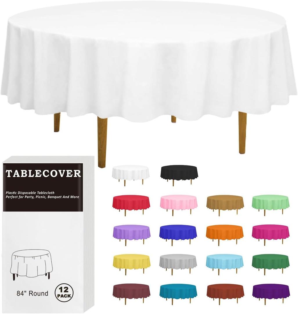 D&Z Plastic Table Cloth Disposable, 12 Pack White Round Tablecloth Individually Wrapped for Indoor&Outdoor, 84 Inch Table Cover for Party, Picnic, Birthday, Wedding & Dinner