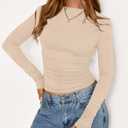 BTFBM Womens Tops 2025 Fall Clothes Long Sleeve T Shirts Boat Neck Ruched Slim Fit Casual Stretchy Going Out Outfits (Beige, S)