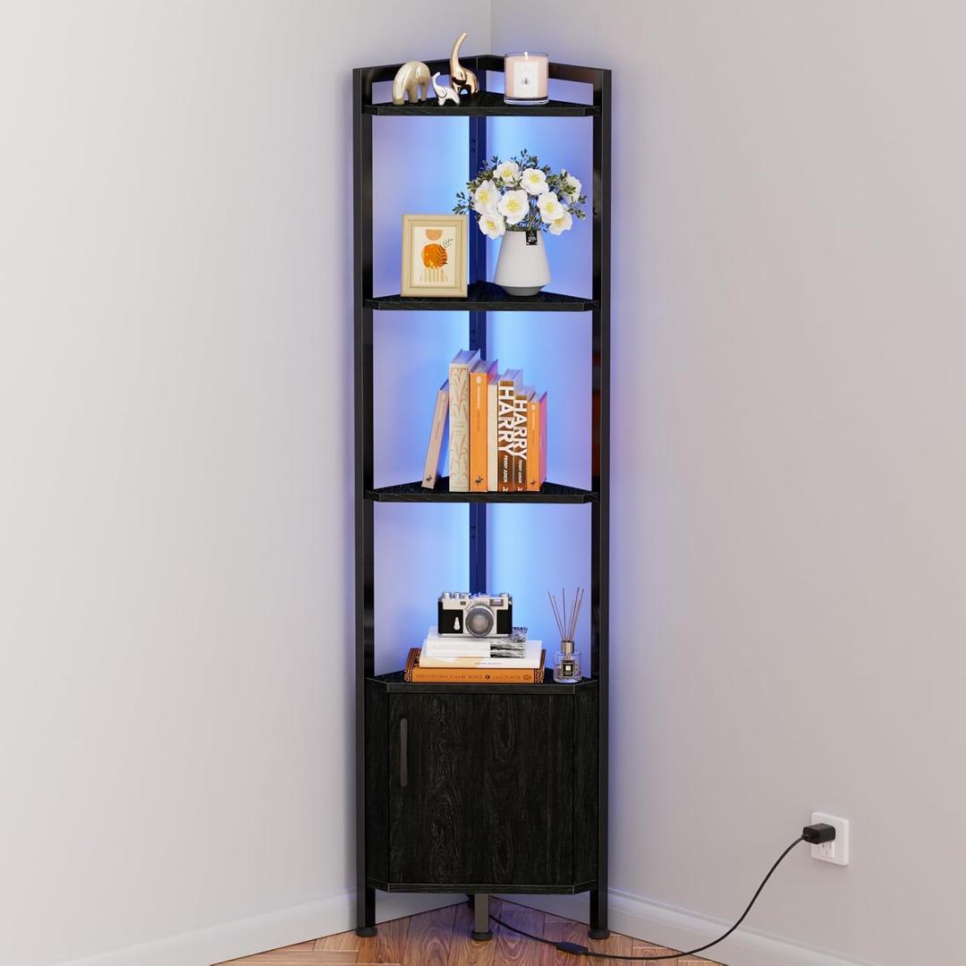 Furnulem Corner Shelf, 5-Tier Corner Cabinet with Storage and LED Light, 62.8 Standing Display Bookshelf for Bedroom, Living Room, Kitchen, Wood Display Shelf (Black Oak)