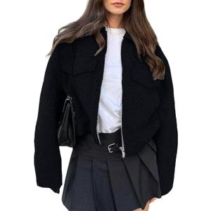 hathne Women's Wool Coat Casual Copped Bomber Jacket Zip Up Fall Shacket Coat Outerwear with Pockets (Black, M)