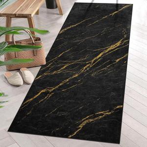 ArtSocket Area Rug Marble Black Gold Entry Runner Rug Yellow Stone Rock 2'6"x8' Non-Slip Washable Indoor Door Mat Carpet for Bedroom Kitchen Entryway Laundry Living Home