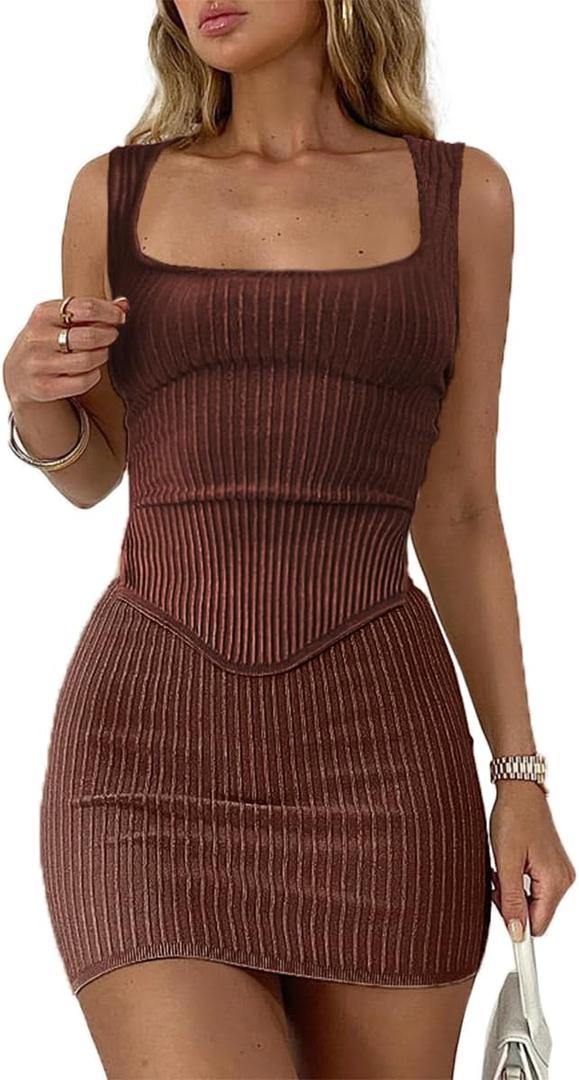CHYRII Womens Sexy Summer Two Piece Outfits Square Neck Going Out Crop Top Bodycon Skirt Sets Mini Dress (Medium, Coffee)
