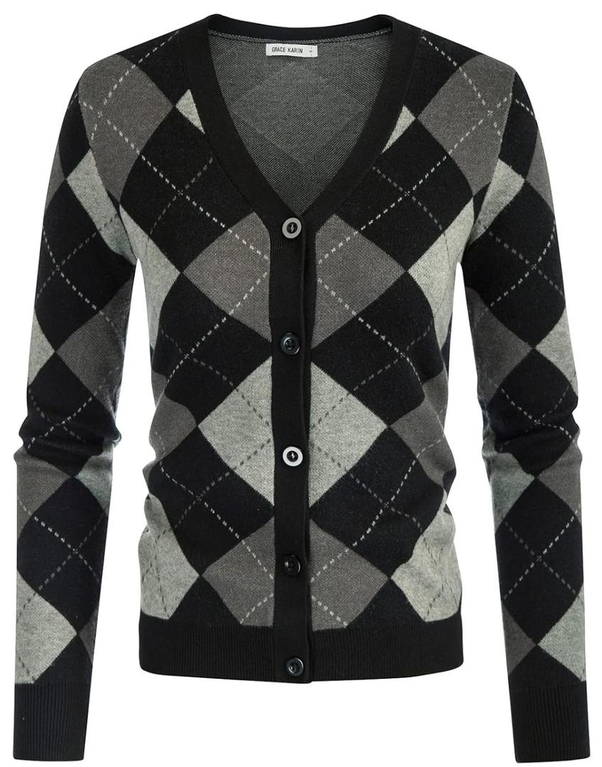 GRACE KARIN Womens Cardigan Sweater Fall Long Sleeve Argyle Sweater V Neck Button Up Cardigan Color Block Preppy Clothes XL