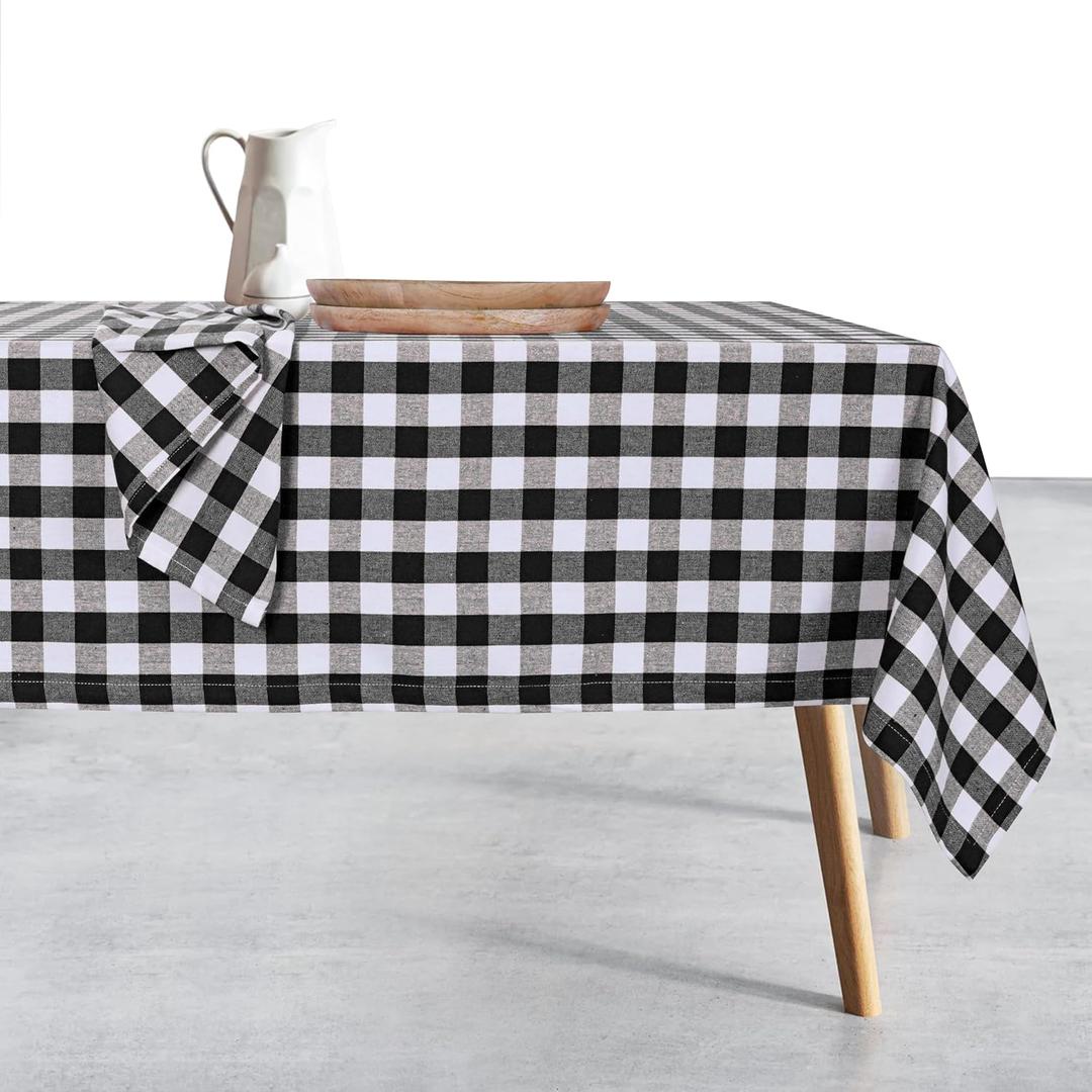 Gingham Check Tablecloth, 100% Cotton, 60x102 Inch, Black and White, Durable Table Cover for Rustic Kitchen Decor, Picnics, BBQ, Dining Room, Indoor and Outdoor Use, Black White