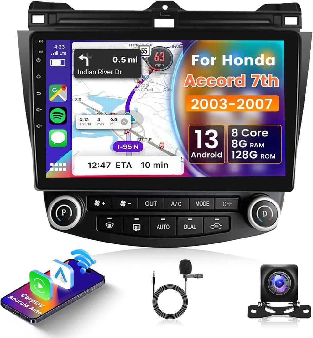 4G 8 Core 8+128G Car Radio for Honda Accord 7th 2003-2007 Android with Wireless Carplay Android Auto, 10.1 Inch QLED Touch Screen Car Stereo WiFi, GPS, Bluetooth 5.0, FM/AM, SWC, Backup Camera