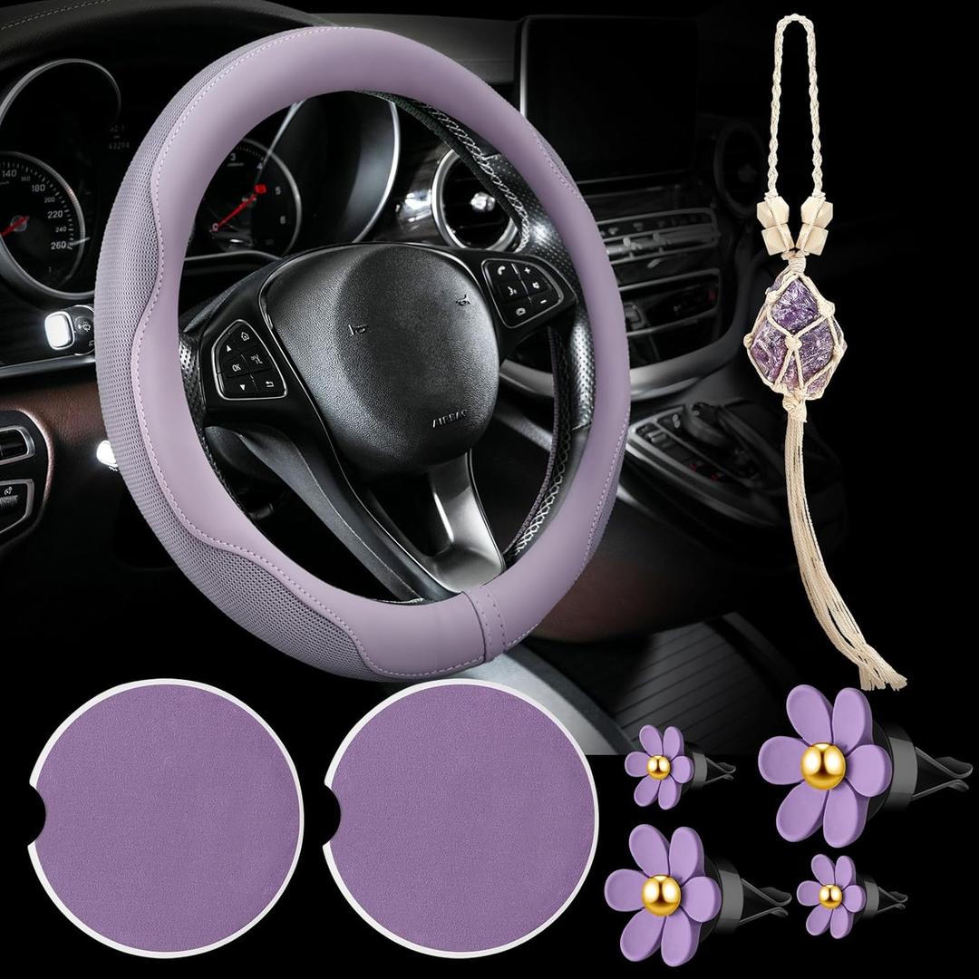 BBTO 4 Car Accessory Set, Steering Wheel Cover, Ceramic Coasters, Daisy Flower Clip Air Freshener, Crystal Hanging Ornament for Women(Purple)