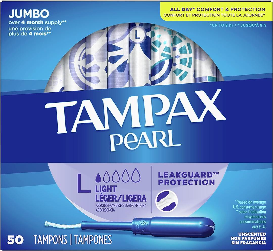 Tampax Pearl Tampons Light Absorbency with BPA-Free Plastic Applicator and LeakGuard Braid, Unscented, 50 Count