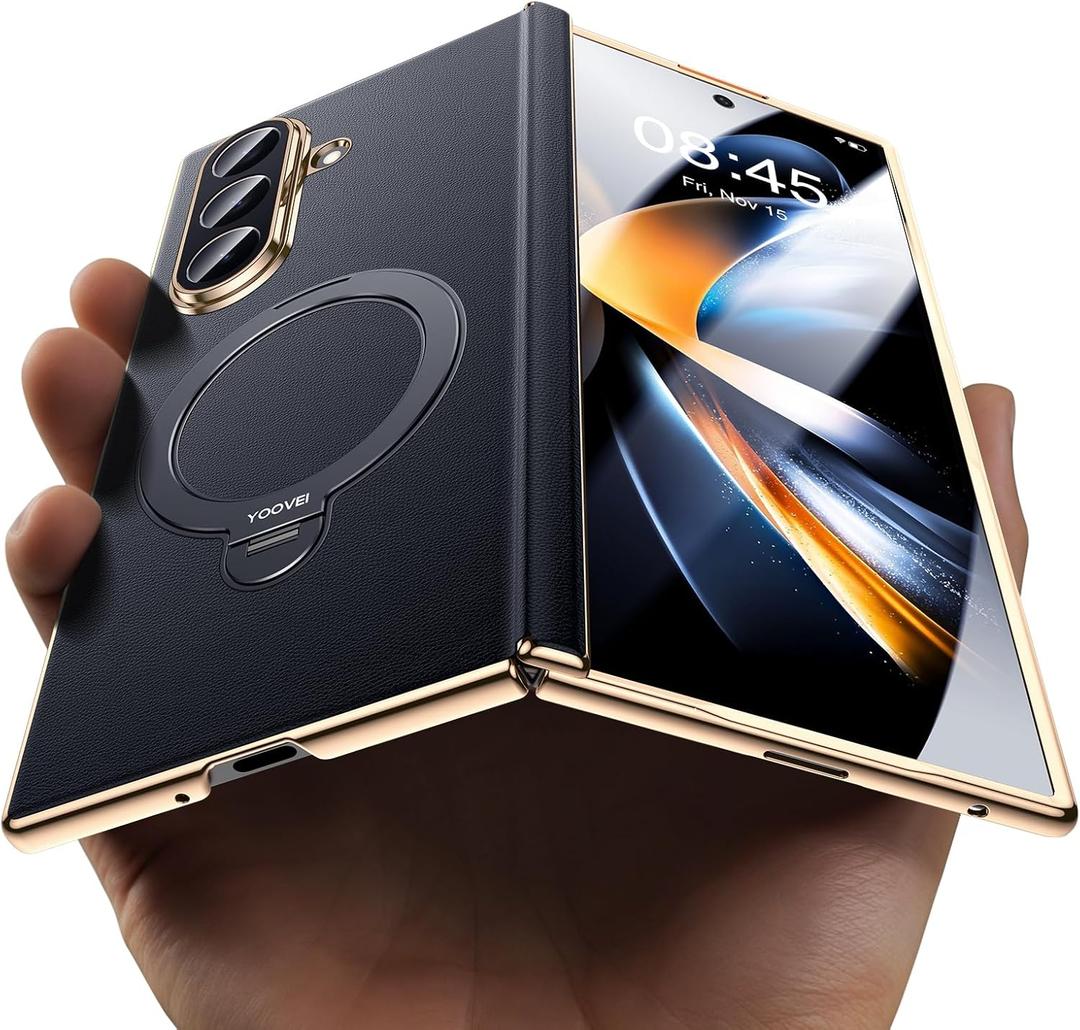 Magnetic for Samsung Galaxy Z Fold 7 Case Luxury Leather [Hinge Protection] Built-in [Screen Protector] [Fit for MagSafe] Zfold 7 Case with Kickstand & Ring Holder Black