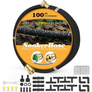 Soaker Hose 100ft for Garden Beds Solid Brass Interface Irrigation Save 70% Water Heavy Duty Rubber 1/2" Diameter Great for gardens/flower beds Accessories Contain Various Connections