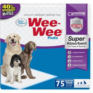 Four Paws Wee-Wee Super Absorbent Unscented Pee Pads for Dogs & Puppies with Insta-Rise Border, Leak-Proof Dog Housebreaking Potty Training Floor Protection, 24" x 24", 75 Count(White)