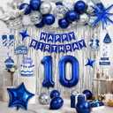 10th Birthday Decorations, Blue and Silver Happy Birthday Decorations for Boys Girls, Navy Blue 10th Birthday Party Packs with Banner Balloons Silver Fringe Curtains Foil Balloons