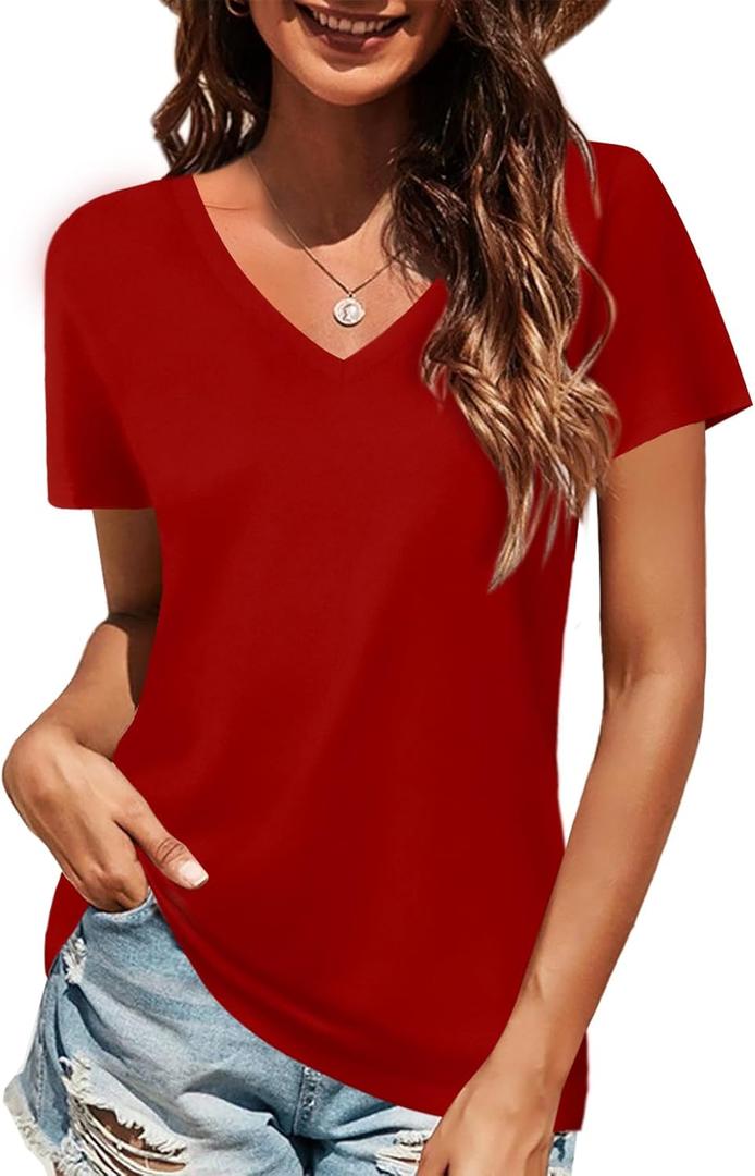 Elesomo Women Shirts V Neck Short/Long Sleeve Cotton Tops T-Shirt Basic Tees (Medium)
