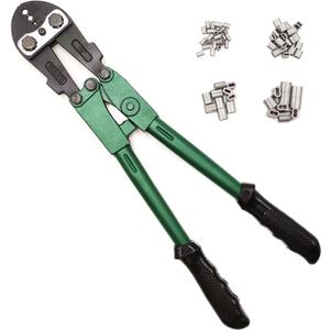 FenceMate 4 Slot Crimping Swaging Tool Kit to Join High Tensile Steel Wires, Ropes with 4 Sizes Assorted Sleeves, Spanner & Gauge Tool, 18" Hand Crimper Swager for Splicing Wires, Crimp wrench