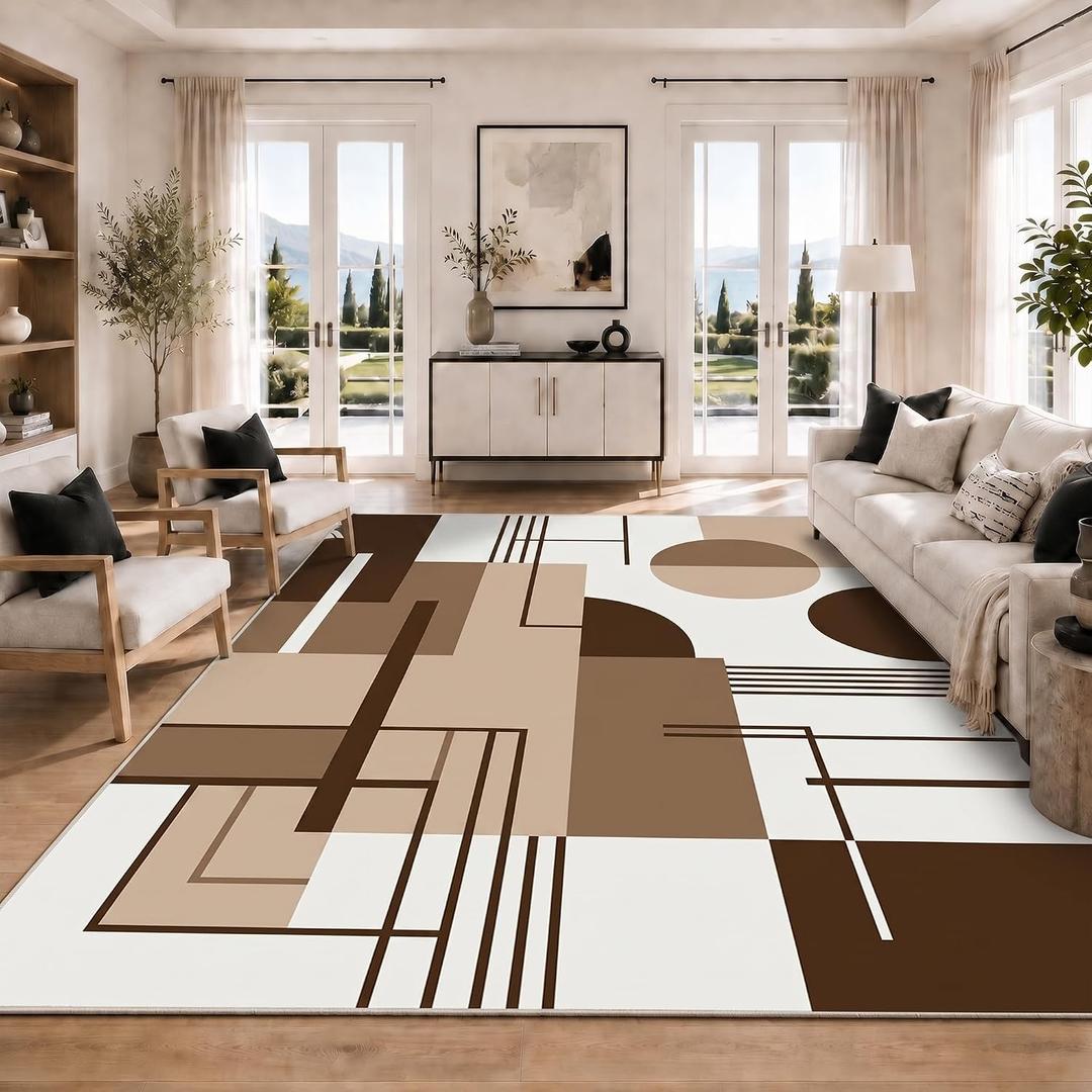 8x10 Washable Area Rugs: Modern Geometric Rug for Living Room, Large No-Shedding Low-Pile Faux Wool Carpet, No-Slip Indoor Decor Rugs for Nursery Dinner Room Office Playroom Dorm(Bauhaus Brown)