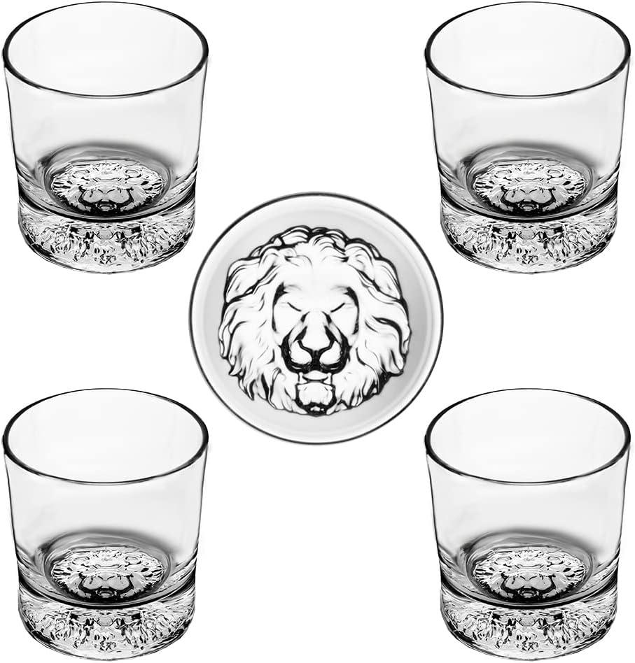 QUEEN&STONE LEAD FREE Old Fashioned Whiskey Glasses with Lion Pattern On the Thick Weighted Bottom 10oz Set of 4 Perfect for Scotch Bourbon Cocktails