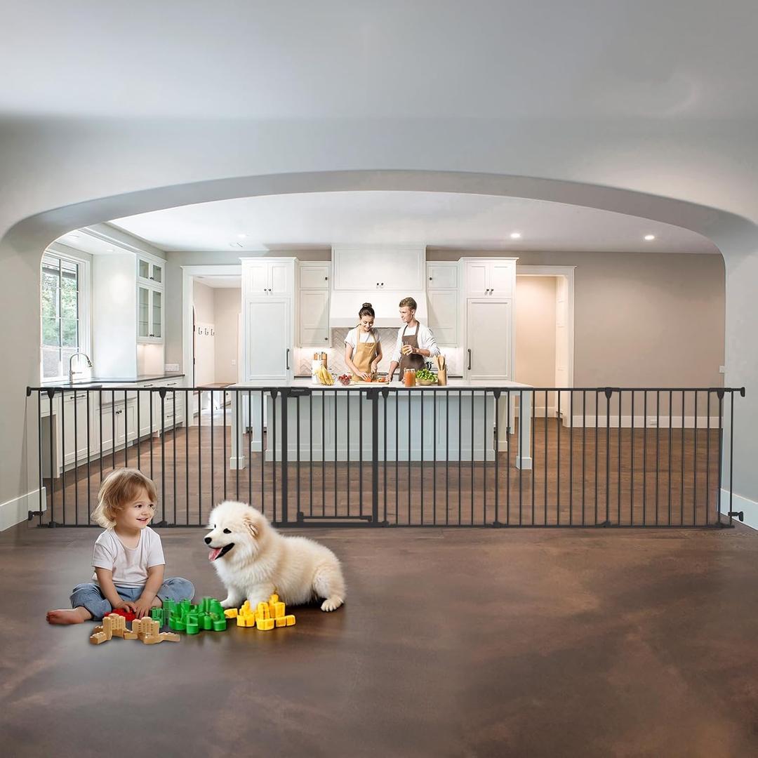 150" Extra Wide Baby Gate, Play Yard Child Safety Gate, Dog Gates with Auto-Close Door, Double Locking System for The House Doorways, Fireplace, Kitchen, 6-Panels, 30" Tall (Black)