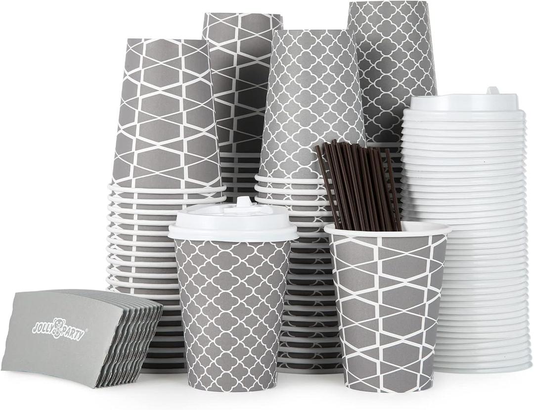 JOLLY PARTY [100 Sets] 12 oz Paper Coffee Cups, Disposable Coffee Cups with Lids, Sleeves and Straws, Hot Cold Beverage Drinking Cup for Water, Coffee or Tea, To-Go Cup Suitable for Office and Travel