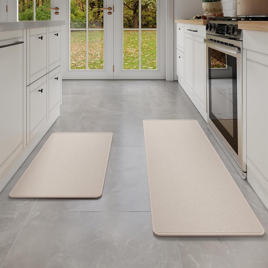 Kitchen mats for Floor Water and Oil Absorbent Runner Rugs for Kitchen, Kitchen Mat in Front of Sink,Non-Slip Kitchen Rugs,Durable Imitation Linen Kitchen Rug Beige 17x30+17x47