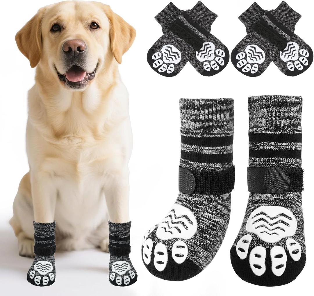 PUPTECK Non-Slip Dog Socks to Prevent Licking Paws, Double Sides Dog Boots & Paw Protectors Booties Traction on Hardwood Floors Hot Pavement with Grippers, for Small Medium Large Senior Dogs, Black L