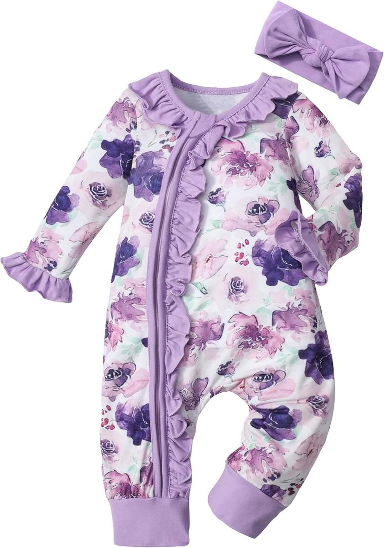 Infant Newborn Baby Girl Clothes Onesies for Baby Girl Long Sleeve Ruffle Baby Clothes with Headband (Preemie, Purple Flower) PR
