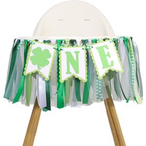 Lucky One High Chair Banner for First Birthday - St Patrick's Day Four Leaf Clover Themed Decor, First Birthday Party Decorations, Baby Shower, Boy or Girl Celebration Backdrop (Green)