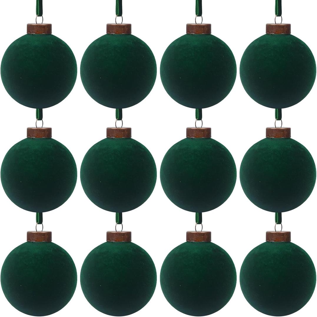 12 Pcs Velvet Christmas Balls Bulk Shatterproof Plastic Christmas Tree Decorations for Decorative Hanging Baubles (12, Blackish Green, 2.36Inch)