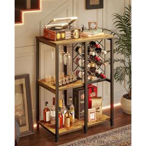 TIQLAB 3-Tier Wine Rack Cabinet, Modern Liquor & Coffee Bar Cart with Shelves, Glass Holder and Power Socket, Bar Table for Kitchen, Dining Room