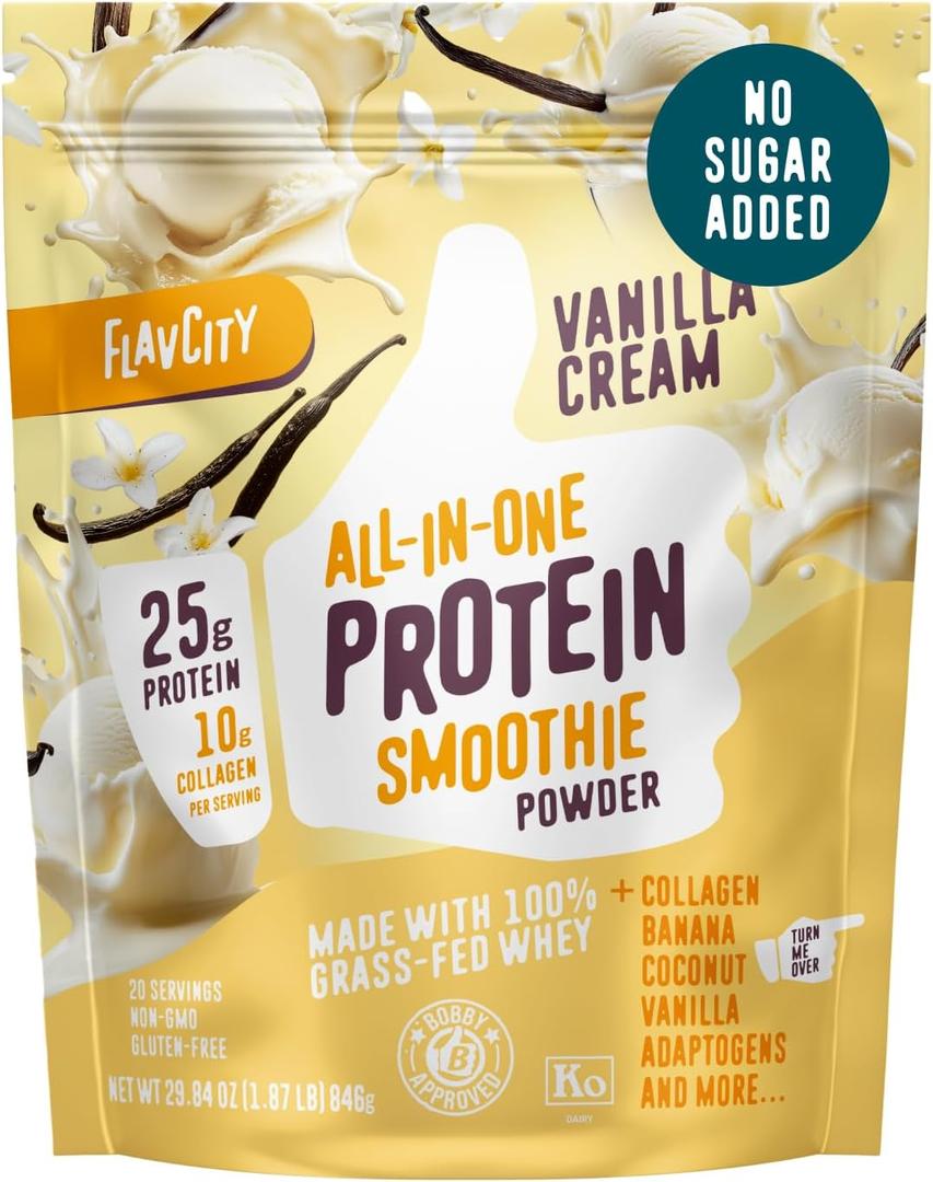 FlavCity Grass Fed Whey Protein Powder - Vanilla Smoothie - 25g Protein & 10g Collagen - Made with Real Vanilla Bean & Organic Coconut Milk - Gluten Free & No Added Sugars (20 Servings) Best Before 02/20/2027