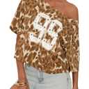 CSDAJIO Women's Leopard Short Sleeve One Off The Shoulder Oversized Crop Top Graphic Cropped Tee Loose T Shirt 99 Leopard Brown Medium (Brown, M)