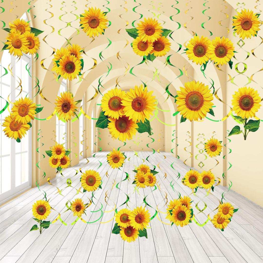 Spakon 30 Pieces Sunflower Hanging Swirls Decorations Sunflower Foil Swirls Ceiling Wall Decor for Themed Birthday Baby Shower Party Supplies