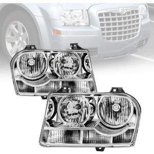 For 2005 2006 2007 2008 2009 2010 Chrysler 300 Headlight Assembly Replacement for 05-10 Chrysler 300 Head Lights Driver and Passenger Side, Chrome Housing Clear
