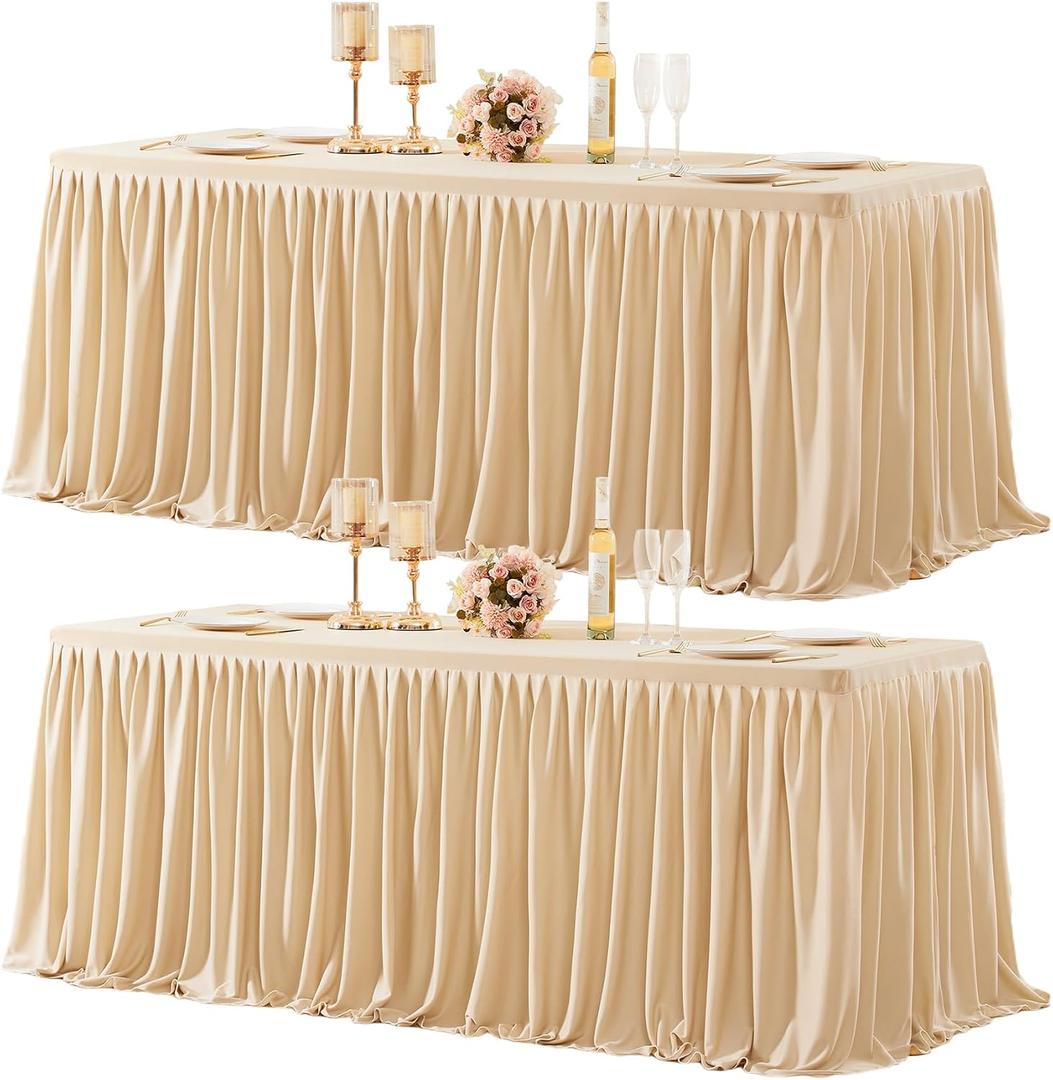 2 Packs Dark Champagne Tableclothes for 6 Foot Rectangle Tables, Wrinkle Free Fitted Table Cloth 6ft Stretch Table Cover with Skirt for Parties Weddings Birthday Banquet Baby Shower