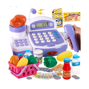 BUYGER Toy Cash Register for Kids with Real Calculator, Light and Sound Scanner, Microphone, Pretend Play Shopping Food Toys Cashier Playset Gifts for Ages 3 4 5