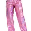 SIAEAMRG Womens Shiny Metallic High Waist Stretchy Jogger Pants, Wet Look Hip Hop Club Wear Holographic Trousers Sweatpant (Pink, S)