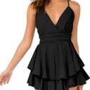 Hocuos Women's Dress Sexy V-Neck Adjustable Spaghetti Strap Waist Tie Sleeveless Layer Ruffle Hem A Line Mini Dresses, L