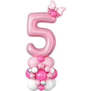 40 Inch Pink Number 5 Balloon for 5th Birthday Decoration Pastel Baby Pink Number Five Foil Balloon Tower Giant Large Digit Hot Pink White Helium Balloons Stack Stand for Girls Anniversary Party
