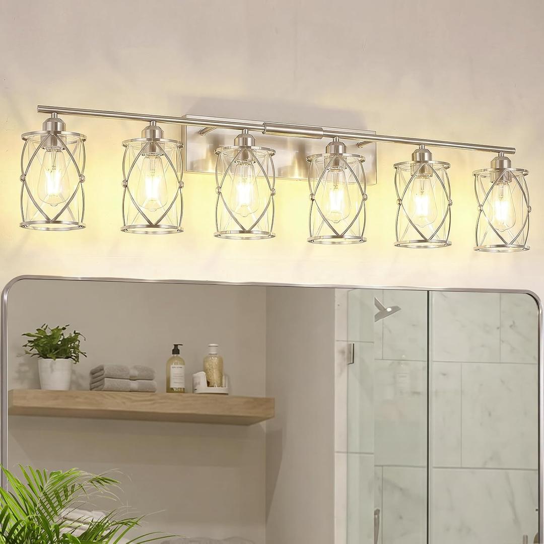 6-Light Brushed Nickel Bathroom Light Fixtures Over Mirror, 42" UL-Listed Modern Wall Sconce Lights with Clear Glass and Metal Cage for Bath, Hardwire E26, CH9176BN-6W