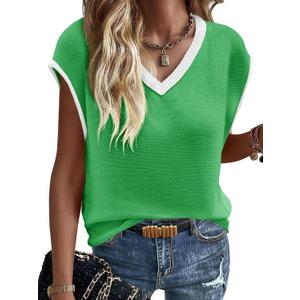 Imily Bela Summer Cap Sleeve Sweater Vest for Women Casual V Neck Sleeveless Knit Pullover Tank Tops 2025 Spring Shirts (Green)