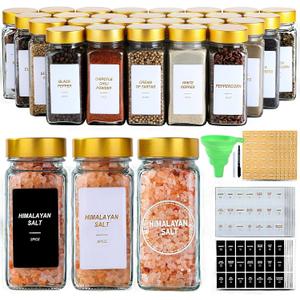 Glass Spice Jars with Label, 24Pcs Spice Jars with Shaker Lids-4 oz Gold Spice Seasoning Jars Bottles Containers Set for Spice Rack (24)