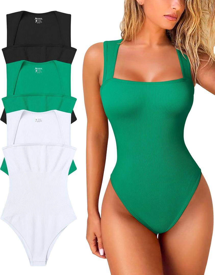 OQQ Women's 3 Piece Bodysuits Sexy Ribbed Strappy Square Neck Sleeveless Tummy Control Tank Tops Bodysuits (Black, green, white, XL)