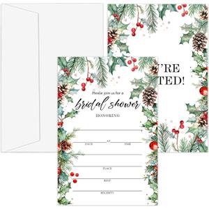Bridal Shower Invitations, 25 Christmas Invites with Envelopes for Bridal Shower Reception Engagement Party, Winter Xmas Holiday Wedding Party Cards - C01