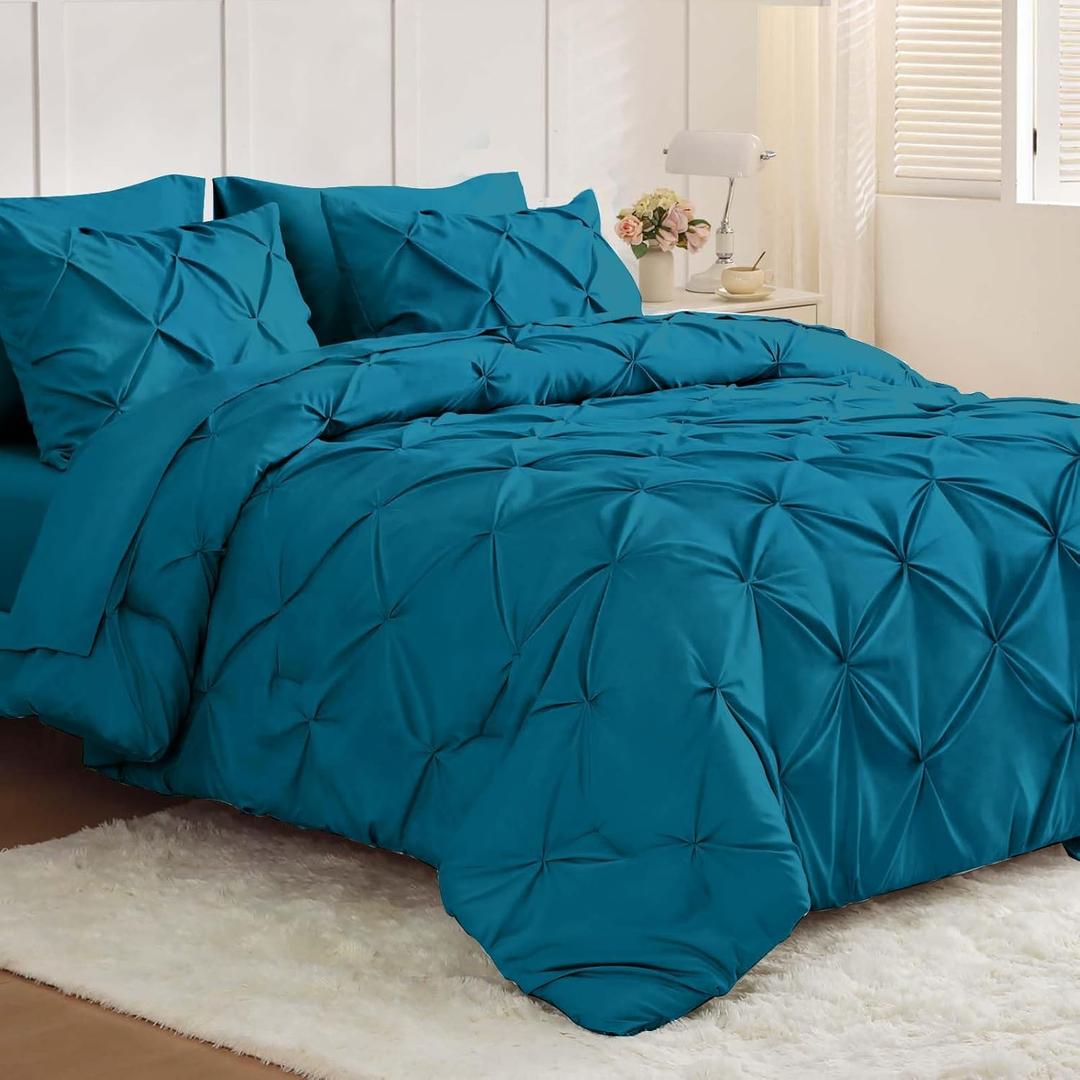 JOLLYVOGUE King Size Comforter Set 7 Pieces - Bed in a Bag King for All Season, Pintuck Bedding Comforter Sets with Comforter, Flat Sheet, Fitted Sheet and Pillowcases & Shams, Teal